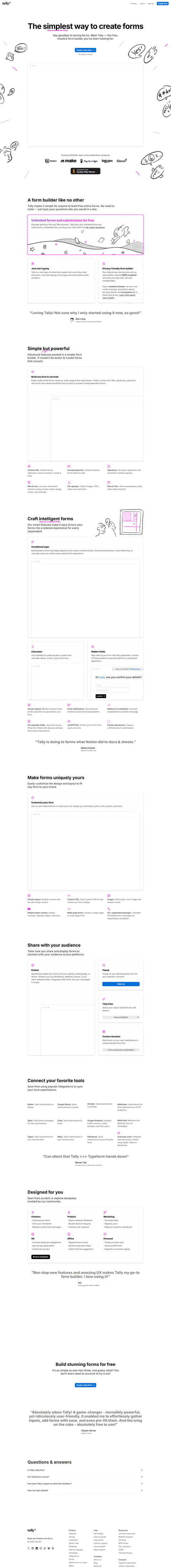 Tally homepage — 'No signup required' claim