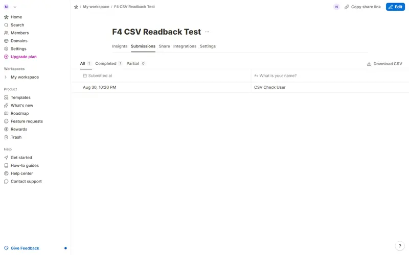 Submissions page: All 1 / Completed 1, Download CSV link visible