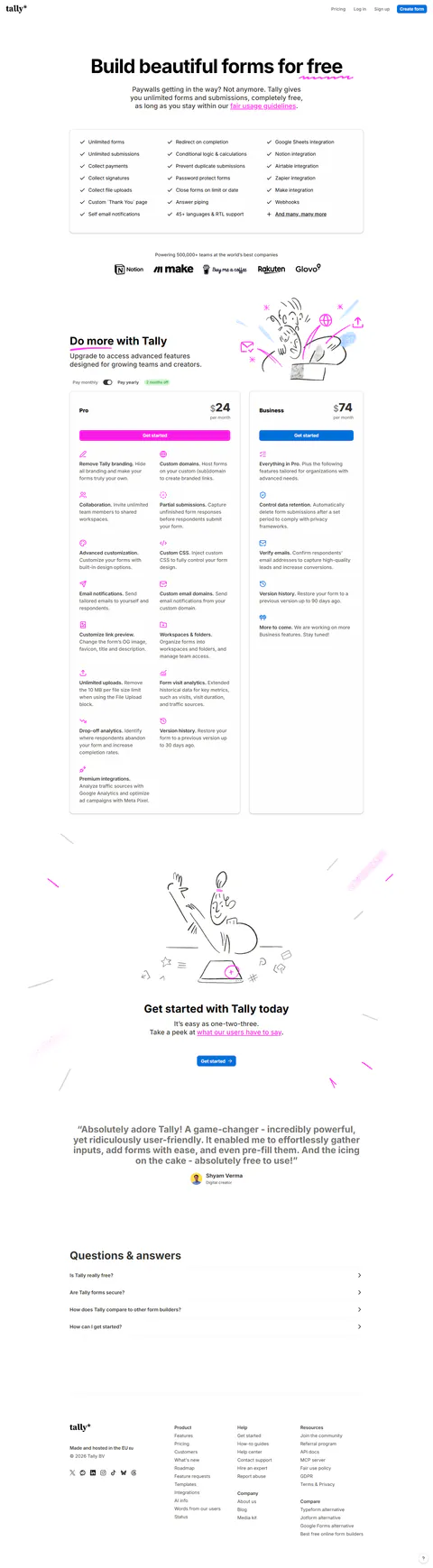 Pro plan card: $24/mo billed yearly — branding removal, custom domains, collaboration, partial submissions