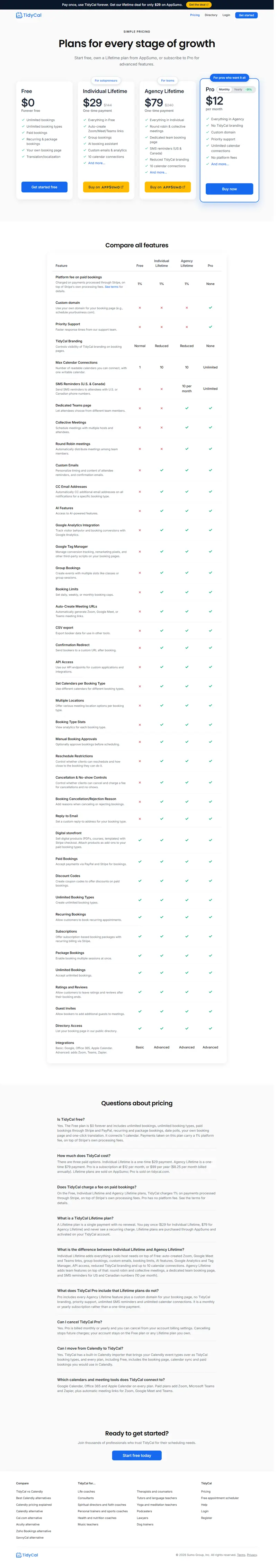 tidycal.com/pricing full page captured 2026-10-12 (en-US): site-wide $29 AppSumo lifetime banner, four plan cards, Fr…