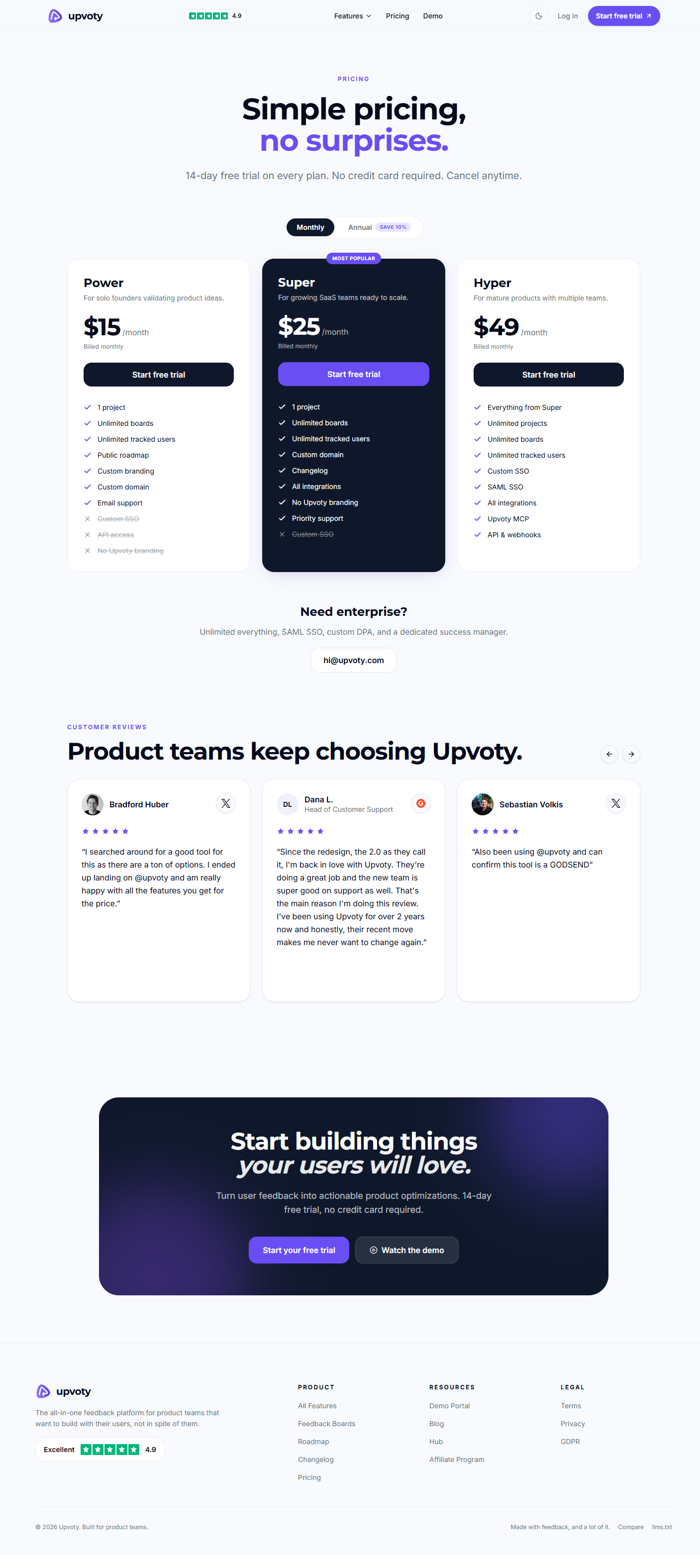 upvoty.com/pricing captured 2026-10-27 (USD, monthly state): "Simple pricing, no surprises" with a Monthly/Annual tog…
