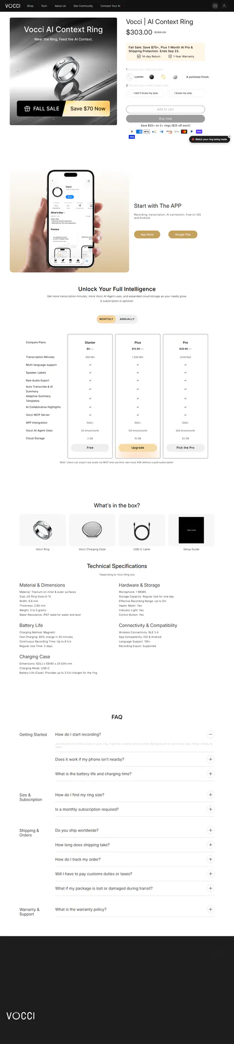 vocci.ai/products/vocci-ring captured 2026-09-21: sale price $303.00 vs regular $388.00, 'Fall Sale: Save $70+, Plus…