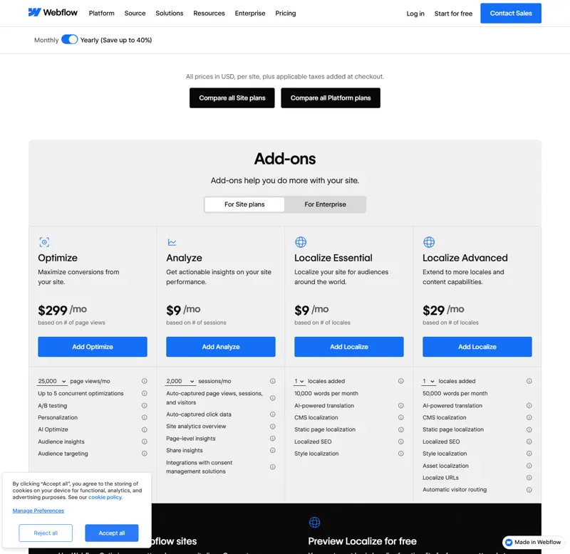 Add-ons section captured 2026-10-08: Optimize at $299/mo starting, metered by page views — one of the three per-site metered add-ons alongside Analyze and Localize