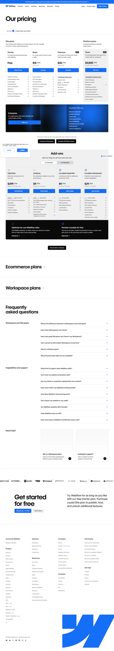 webflow.com/pricing captured 2026-09-12 in the default yearly state: Starter Free, Basic $15/mo, Premium $25/mo, Team $2,500/mo