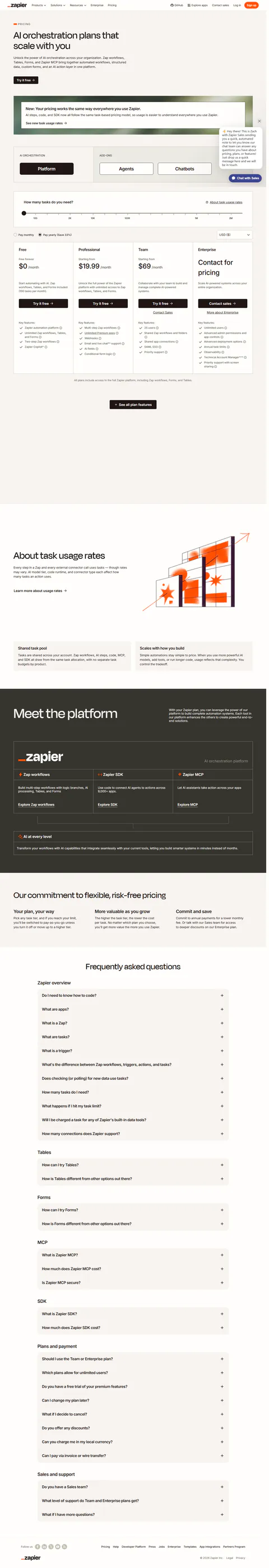 zapier.com/pricing captured 2026-09-15 in the default yearly state ('Pay yearly (Save 33%)' selected): Free $0 with '…