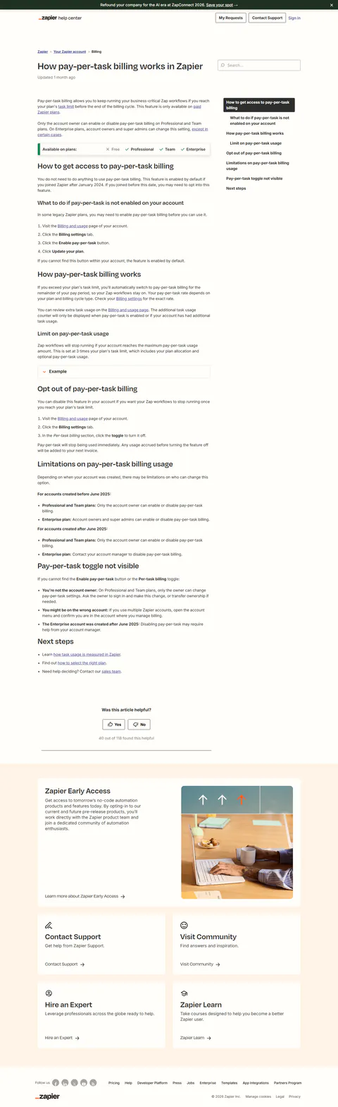 help.zapier.com pay-per-task article (2026-09-15): exceeding the plan task limit switches the account to pay-per-task billing automatically; cap at 3x the plan limit (evidence from our Zapier terms check)