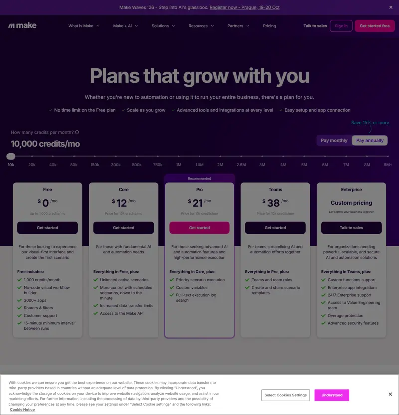 Same page, credit slider (10k → 8M+, 'Save 15% or more' for annual billing) plus the page's own definition of a credit: 'Each module action in your scenario ... counts as one credit'