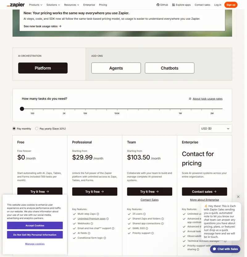 Same page with 'Pay monthly' selected: Professional rises to $29.99/month and Team to $103.50/month; the task slider spans 100 → 2M and the card prints no task allowance